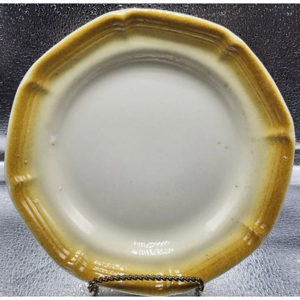 MADE IN THE USA Soup/Cereal/Salad Bowls Scalloped Yellow Rim (3 bowls & 1 plate)